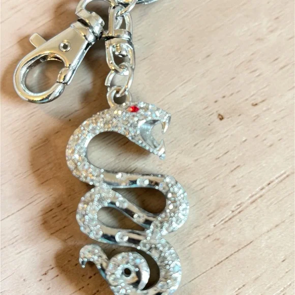 Rhinestone Snake Keychain Charm - Silver with Red Eye - Picture 2 of 4